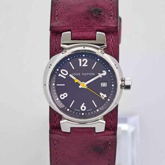 Louis Vuitton Purple Ostrich and Stainless Steel 27mm Tambour Quartz Watch - Picture 1 of 6